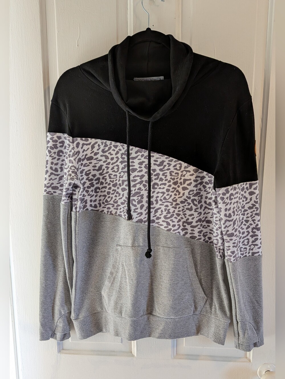 Michelle Mae Black, Gray & White Leopard Colorblock Cowlneck Sweatershirt